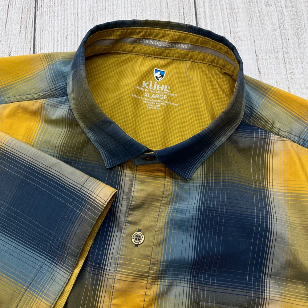 Kuhl Men XL Yellow Blue Plaid Short Sleeve Button Down Shirt Pinhole Flaw